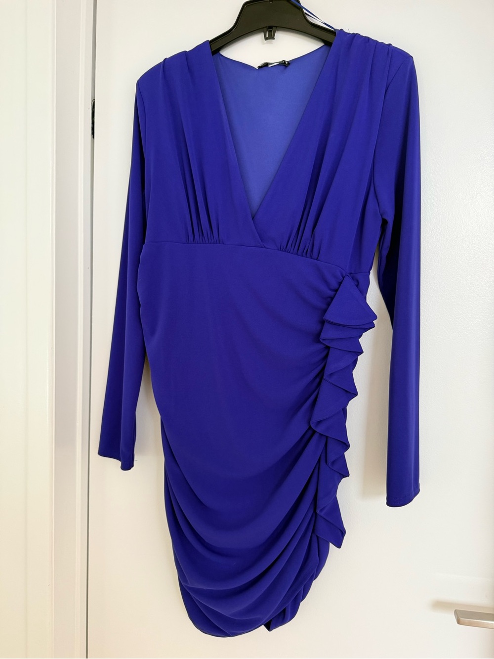 Zara Royal Blue Long Sleeve V-Neck Ruched Ruffle Dress